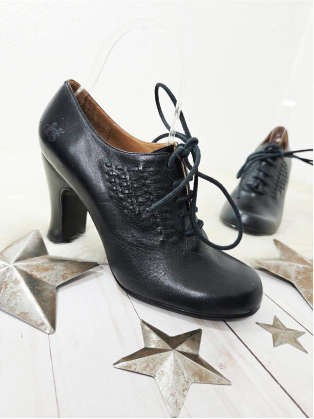 Vintage John Fluevog Mystery Woven Oxford Heels black leather lace up womens 7.5